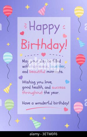 Bright birthday card with balloons and stars. Colorful balloons float around a joyful message. Heart-shaped decorations add warmth to the design. Cute Stock Vector