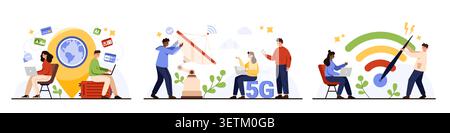 People using laptops and smartphones with global network, satellite antenna, 5G connection, wifi signal, online communication and digital technology isolated on white background vector illustration Stock Vector