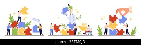Diverse coworkers collaborate assembling giant colorful puzzle pieces, symbolizing teamwork, inclusion, problem solving, support, leadership, disability diversity, success, isolatedvector illustration Stock Vector