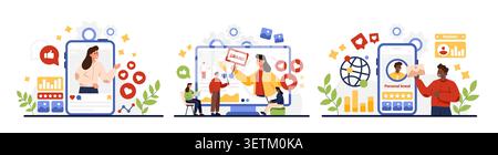 People creating personal brand on social media with smartphones, followers, likes, comments, analytics, marketing icons, teamwork, online reputation, isolated on white background vector illustration Stock Vector