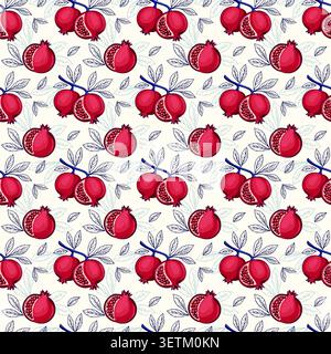 Pomegranate Fruit and Leaf Botanical Seamless Pattern Stock Vector