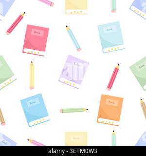 Cute pastel seamless pattern featuring colorful books and pencils scattered on a light background. Back to school vector design ideal for education th Stock Vector