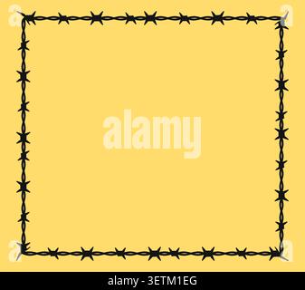 Square frame made of black barbed wire line art against a yellow background. Stock Vector