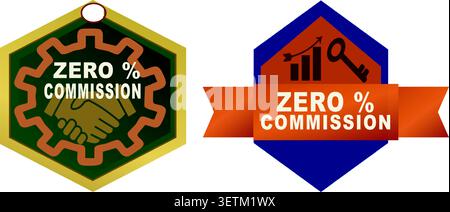 Green hexagonal badge with gear outline and handshake icon promoting zero percent commission Stock Vector