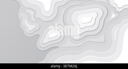 Layered paper topographic background with abstract waves and hills, grey gradient depths and white paper cut relief patterns, vector illustration. Origami map design for ocean or mountains landscape Stock Vector