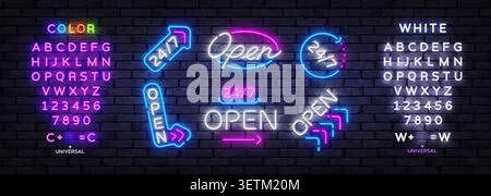 Neon open sign collection with editable alphabet, numbers and glowing retro typography. Bright storefront icon set for cafe, retail, nightlife or Stock Vector