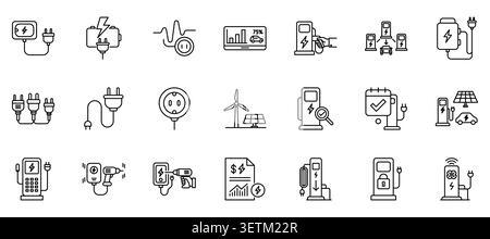 EV charging station and electric vehicle battery power line icon set Stock Vector