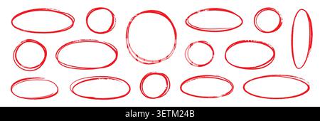 Hand drawn red line brush oval set. Hand drawn line brush pencil oval red color doodle marker chalk pen. Round circle underline frame check sign banner highlight texture shapes. Vector illustration Stock Vector