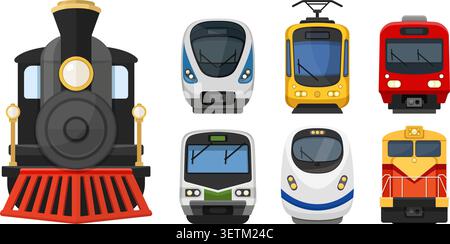 Modern speed train icon set collection in flat colorful style. Railroad transport vector illustration on isolated background. Locomotive sign business Stock Vector