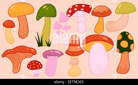 Autumn design illustration and vector nature forest with isolated plant leaves. Mushroom fall tree and autumn graphic background with flat leaf design Stock Vector