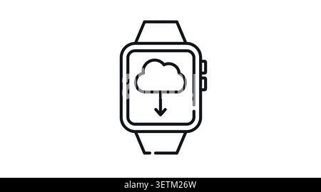 Smartwatch cloud download icon: wearable smart watch displaying cloud storage with arrow symbol on screen, minimalist black line art vector illustrati Stock Vector