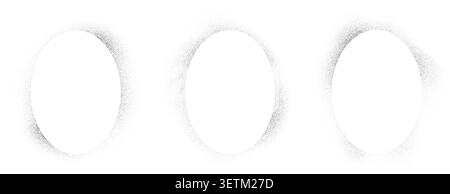 Sprayed stencil effect circle frame collection. Stippled grain round border set. Faded dot texture radial shape bundle. Rough textured boarder elements for text box, banner, poster, template. Vector Stock Vector