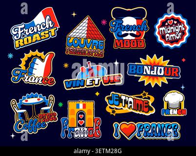 Retro y2k french stickers, France patch labels with parisian vibes. Vector lettering, hearts, wine and cafe table, toque chef hat and France flag, louvre and arc de Triomphe y2k shape stickers set Stock Vector