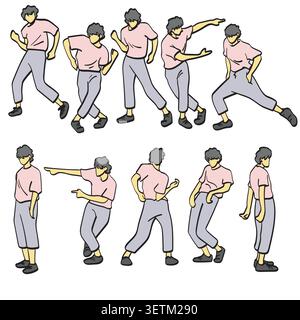 Set of dancing man in actiion illustration vector sketch with black lines Stock Vector
