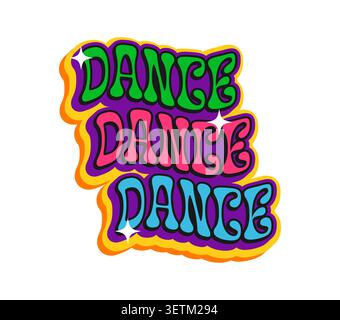 Dance music Y2K groovy sticker or patch. Music audio record groovy Y2K vector tag, radio melody funky label. Festival concert sound sticker with green, pink and blue color funky typography words Stock Vector