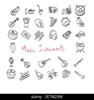 set of music instruments illustration vector sketch with black lines Stock Vector