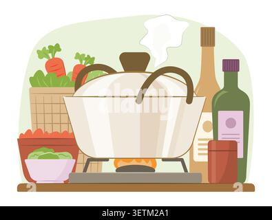 Stock Soup Pot Simmering on Gas Stove with Vegetables, Food Ingredient and Seasoning Bottles in Kitchen for Food Cooking and Culinary Concept Clip Art Stock Vector