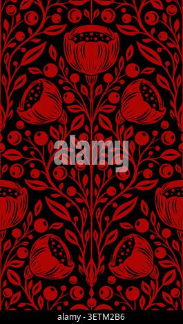 Vector gothic seamless pattern with red flowers on black background. Tracery dark texture with poppies. Folk art ornate wildflowers for wallpaper and Stock Vector