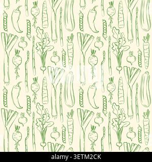 Hand-drawn summer vegetable seamless pattern with leek, asparagus, radish for grocery, farmer market decor, seasonal packaging Stock Vector