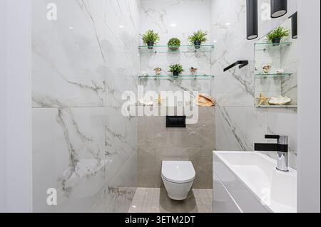 Modern bathroom with marble-patterned tile, glass shelves displaying plants and seashells, a sleek toilet, and a minimalist sink. The lighting is from Stock Photo