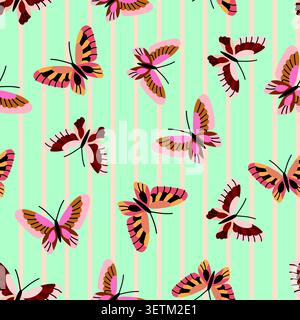 Seamless striped pattern with butterflies Stock Vector