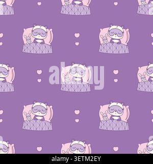 Sweet Dream Seamless Pattern. Cute Kawaii Panda Bear Sleeping In Eye Mask With Bunny Toy Under Blanket on Purple Background with Hearts. Vector Illust Stock Vector