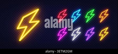 et of 9 neon glowing angular lightning bolt icons in yellow, red, blue, green, orange, pink, purple and white on dark transparent background. Stock Vector