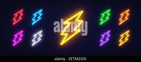 Set of 9 neon glowing wide lightning bolt icons in yellow, red, blue, green, orange, pink, purple and white on dark transparent background Stock Vector