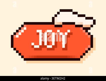 Pixel art Joy Speech bubble. White text on red background with snow flake. Stock Vector