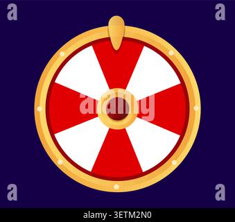 Round viking shield illustration, flat red white and gold. Stock Vector