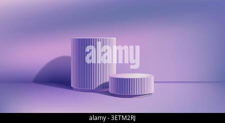 Neon purple poduim, 3d platform for product ads. Abstract studio scene, marble room pillars. Dark stage pedestal of two steps. Pink blue skincare Stock Vector