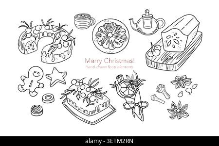 Hand drawn christmas food elements set vector illustration black ink contours. Collection of winter holiday baking sketches with bundt cake stollen Stock Vector