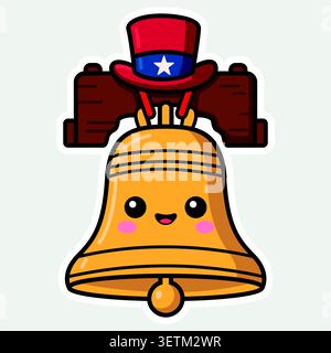 Cute patriotic Liberty Bell cartoon character sticker. Vector illustration of the historic American bell with a happy smiling face, wearing an Uncle S Stock Vector