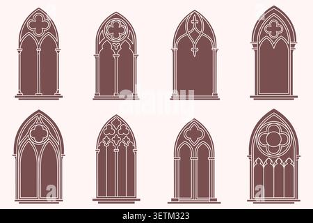 Gothic church window. Arched cathedral vector frame with stained glass. Catholic medieval architecture. Vintage silhouettes of vintage borders Stock Vector