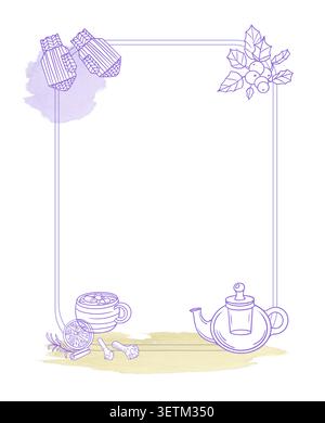 Hand drawn christmas rectangular frame vector illustration violet ink contour. Vintage winter holiday cozy border with teapot mittens holly berries Stock Vector