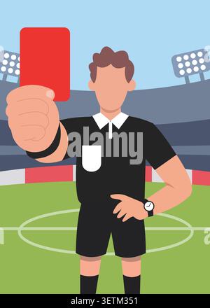 Flat vector illustration of a football referee holding a red card on the field, symbolizing rule enforcement, penalties, and fair play. Stock Vector