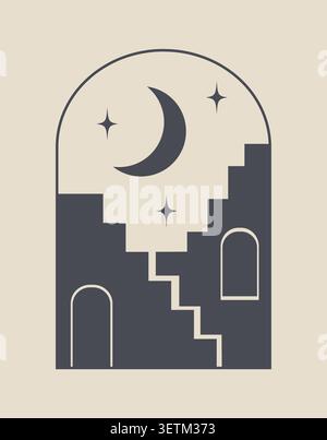 Crescent moon and stars vector logo. Modern and minimalist logo Stock Vector