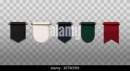 Collection of realistic luxury hanging ribbon banners with elegant gold details and blank templates isolated on a transparent background Stock Vector
