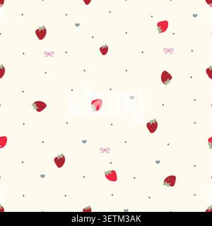 Strawberries and bows seamless cute small scale red stars and hearts fabric design Stock Vector