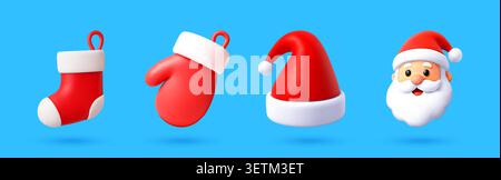 3D set with Santa Claus, hat, mitten and stocking Stock Vector