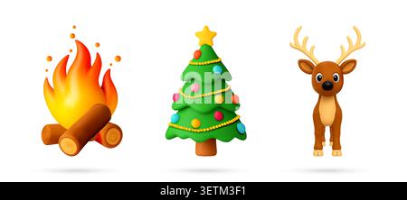 Set of 3D Holiday elements for greeting card Stock Vector