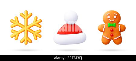 3d snowflake, Santa hat and gingerbread man set. Stock Vector