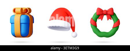 3d set with Christmas gift box Santa hat, wreath Stock Vector
