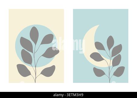 Minimalist botanical poster set with abstract plant branches, sun and crescent moon in pastel blue, cream and grey palette for modern scandinavian wall art prints, home decor, postcards and fabric design. Vector illustration Stock Vector