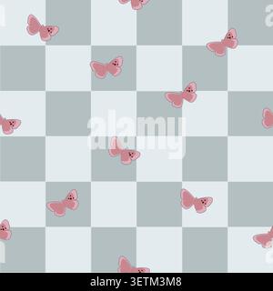 Blue plaid vibrant pink butterflies Stock Vector