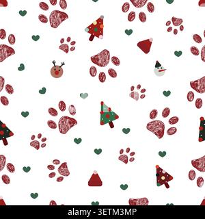 Bow ties, hearts and cute paw prints Christmas design seamless fabric pattern Stock Vector