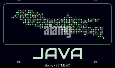 Java digital style map. Small circle dots on dark background. Dotted shape of the island. Java map and title. Classy vector illustration. Stock Vector