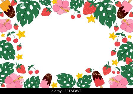 Summer tropical floral vector frame background. Beach border with monstera leaves, hibiscus flowers, fruits and summer elements. Stock Vector
