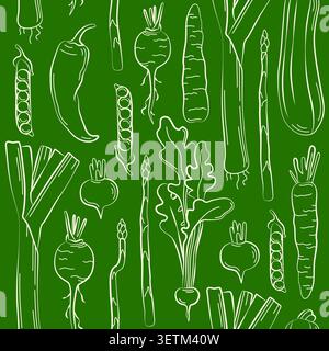 Hand-drawn summer vegetable seamless pattern with leek, asparagus, carrot for grocery, farmer market decor, seasonal packaging Stock Vector