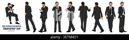 Businessman in suit walks, stands in various poses Stock Vector